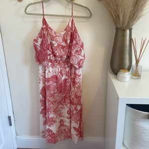 Unique pink and cream antique floral print midi dress, Large Petite from LOFT